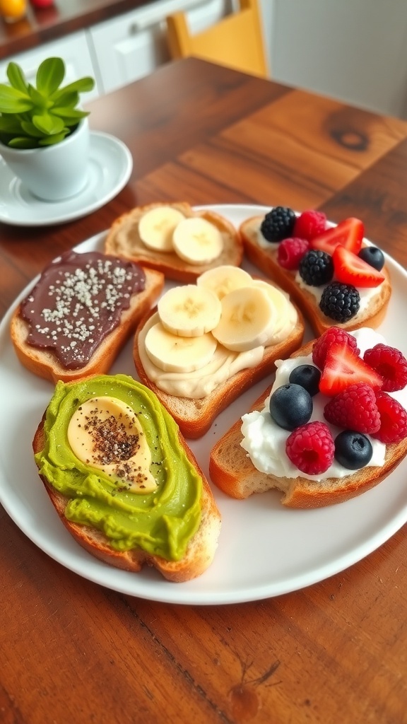 A colorful assortment of toast with avocado, peanut butter, and ricotta topped with fruits.